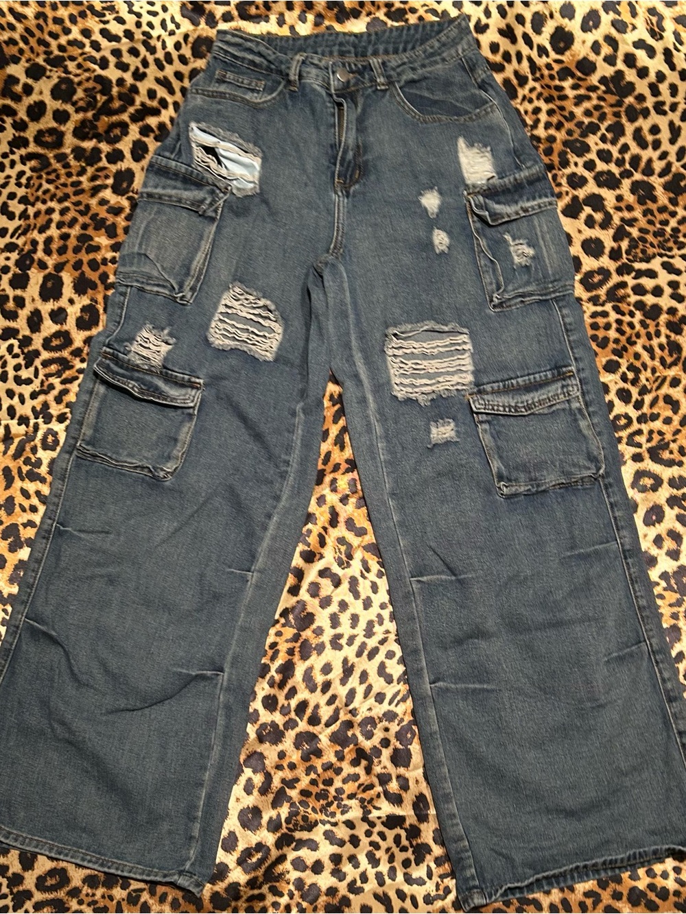 SHEIN Distressed High Waist Wide Leg Cargo Jeans